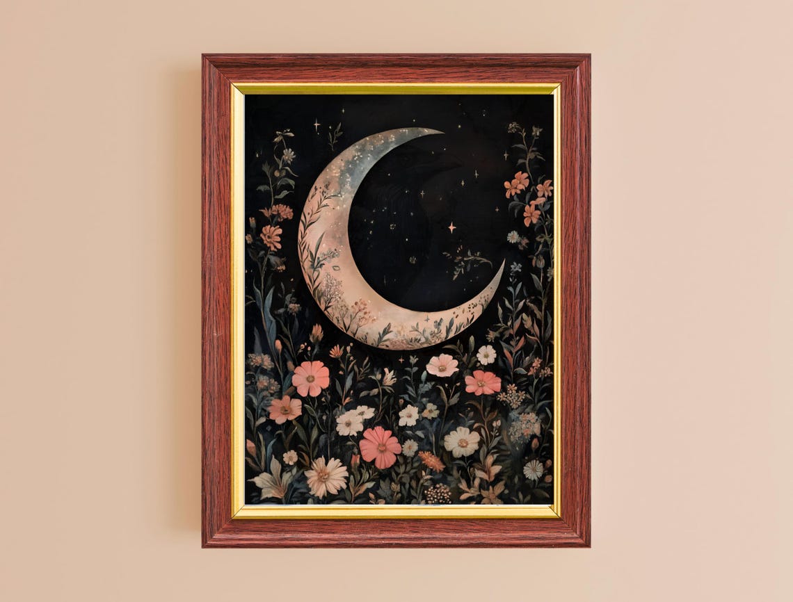 Crescent Moon Wildflower Meadow Dark Celestial Floral Art Print - Image 2
