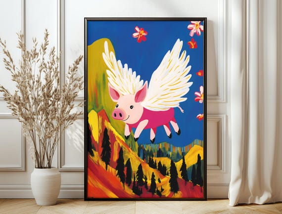 Maximalist Wall Art Trendy Flying Pig Poster Colorful Eclectic Home Decor Cute Gift For Preppy Teen Quirky Dorm