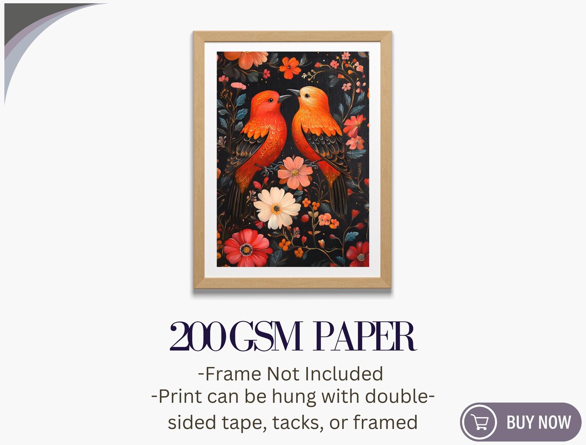 Orange Lovebirds Folk Floral Black Background Whimsical Art Poster - Image 5