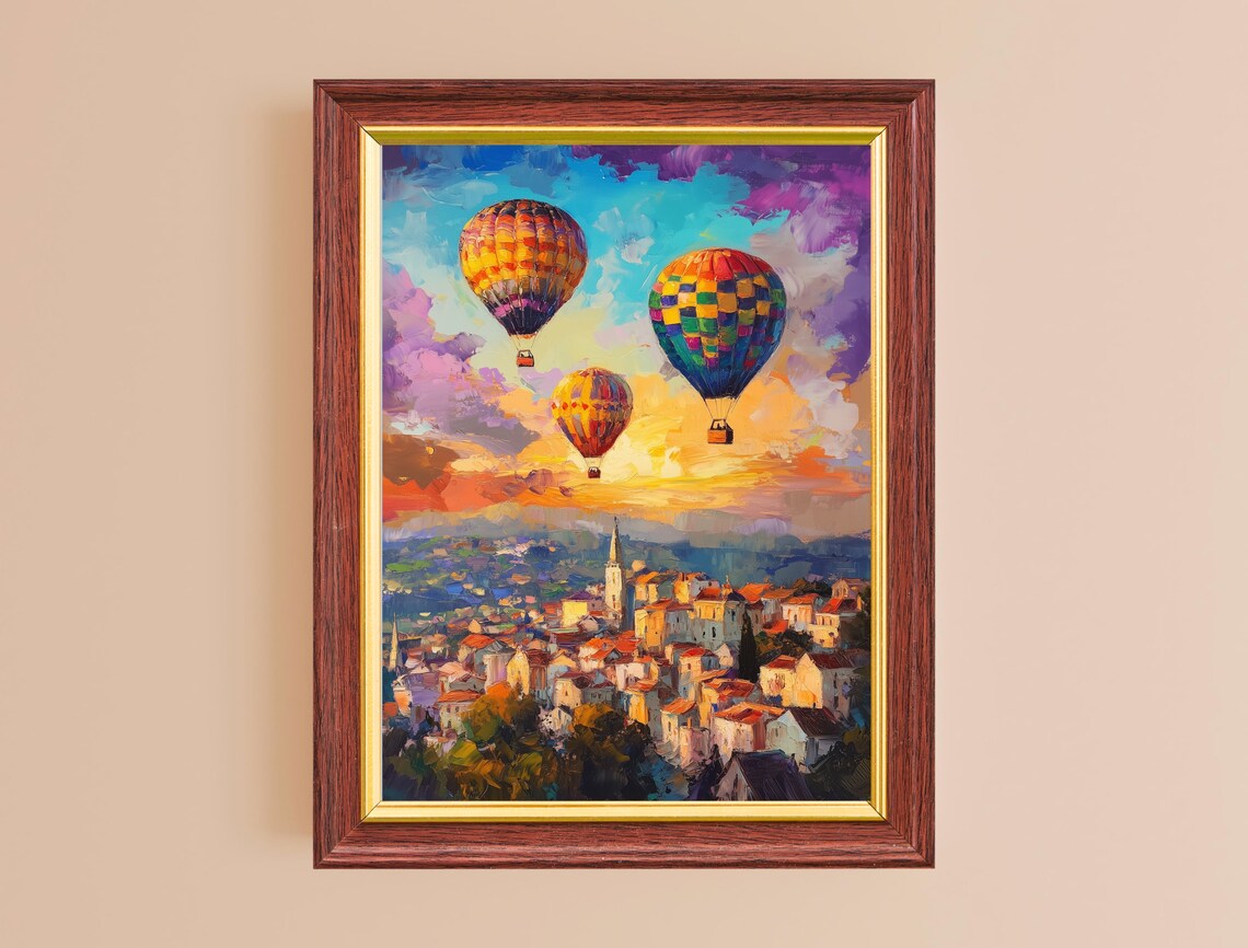 Hot Air Balloons Over Old European Town Sunset Sky Travel Poster