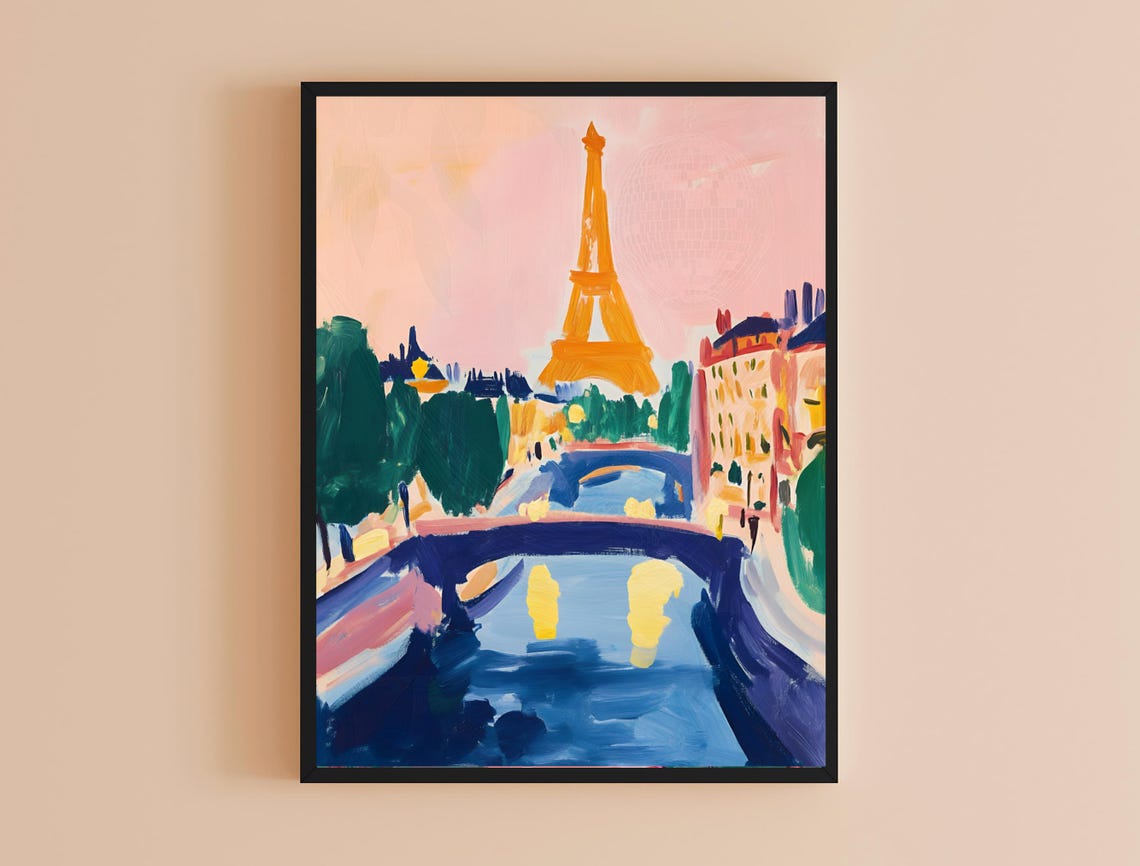 Eiffel Tower Seine Bridge Paris Pink Sky Painterly Travel Wall Poster - Image 4