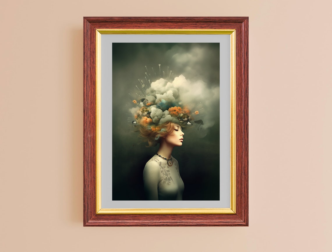 Surreal Woman Storm Clouds Flowers In Mind Dark Moody Wall Art Poster