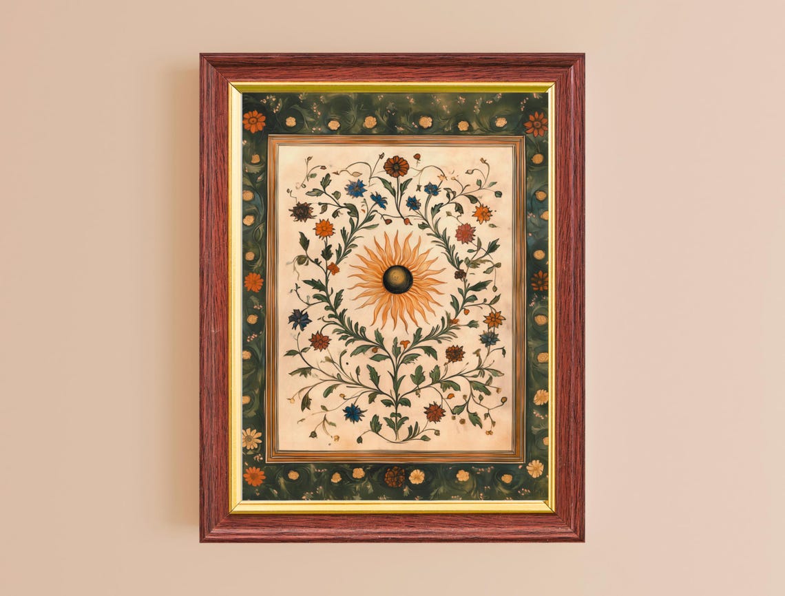Sunflower Indian Mughal Style Floral Vines Dark Green Boho Art Poster - Image 2