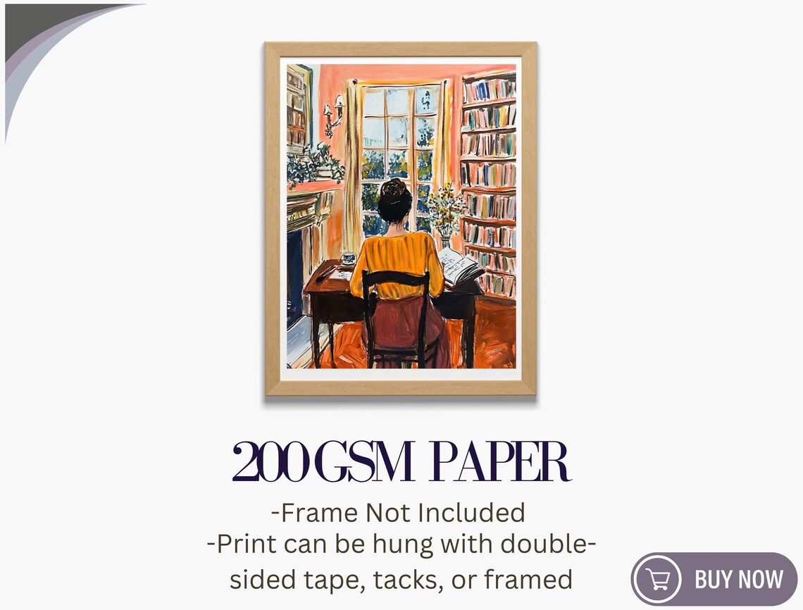 Woman Reading Cozy Orange Library Window Warm Interior Art Poster - Image 5