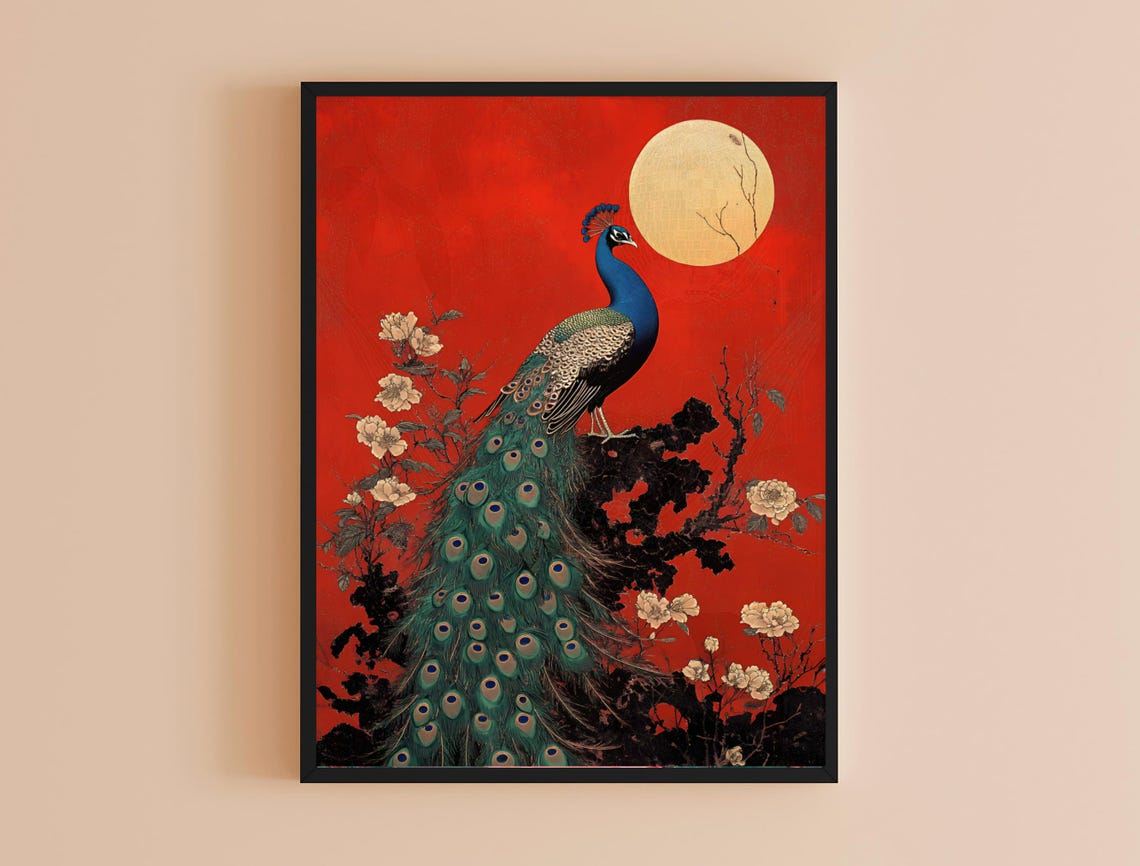Peacock Moonlit Branch Red Background Asian Style Bird Print - Image 4