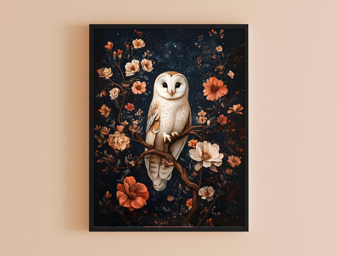 Barn Owl On Branch Starry Night Moody Floral Vintage Dark Art Print