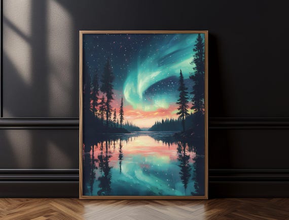 Magical Night Poster Ethereal Landscape Cottagecore Aurora Art Moody Northern Lights Home Decor Enchanted Bedroom