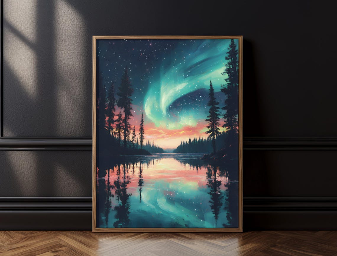 Northern Lights Teal Aurora Sunset Lake Reflection Pine Forest Poster