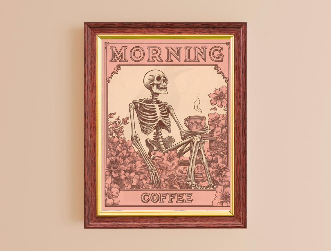 Morning Coffee Skeleton Vintage Style Funny Coffee Lover Kitchen Print - Image 2