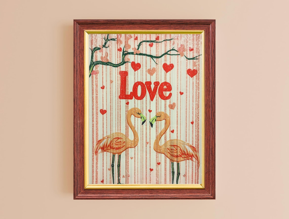 Flamingo Heart Necks Love Red Hearts Striped Valentine Art Poster
