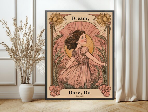 Dream Dare Do Blush Storybook Girl Flowers Sun Rays Art Poster