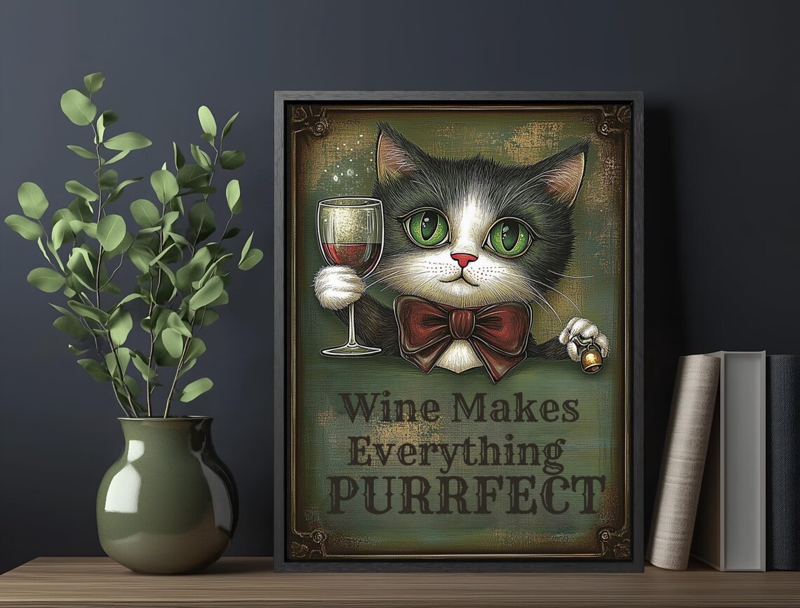 Funny Wine Cat Holding Glass Bow Tie Quote Vintage Animal Art Poster - Image 6