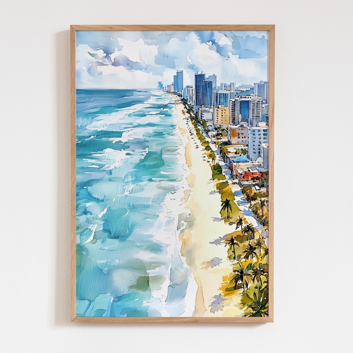Miami Coastline Skyline Art Poster, Florida Travel Print