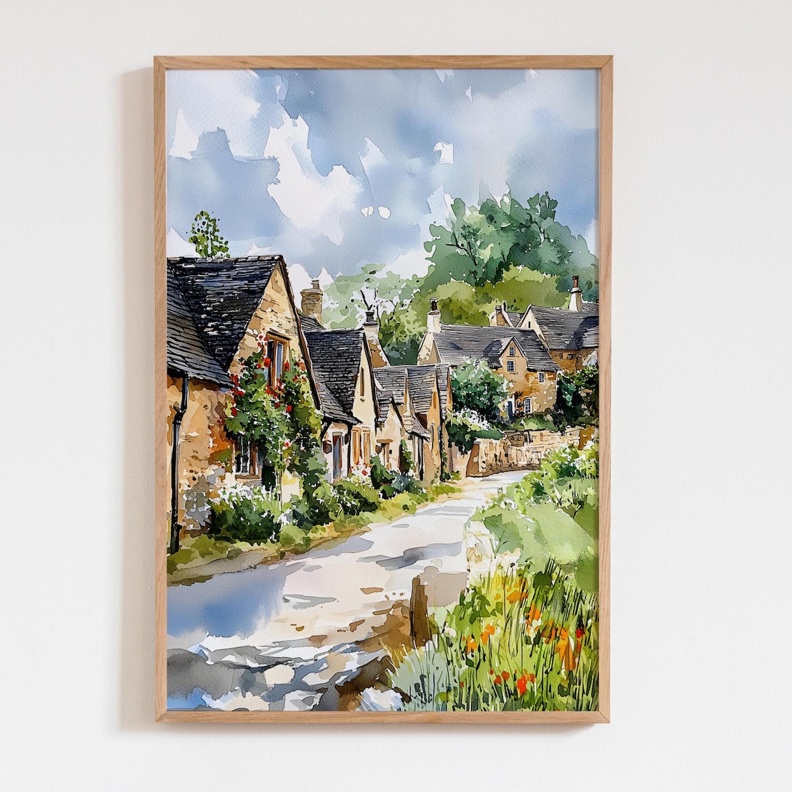 Cotswolds England Watercolor Print Charming Village Street Art Decor