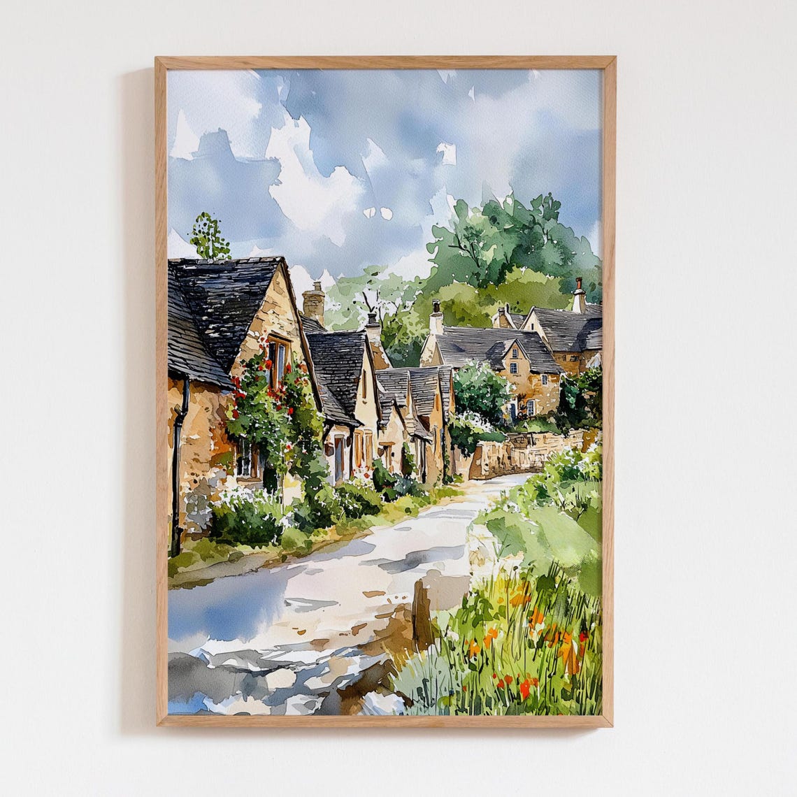 Watercolor Cotswolds Print English Countryside Wall Art Cute Dreamy Village Painting Stone Houses Summer Decor Uk Travel