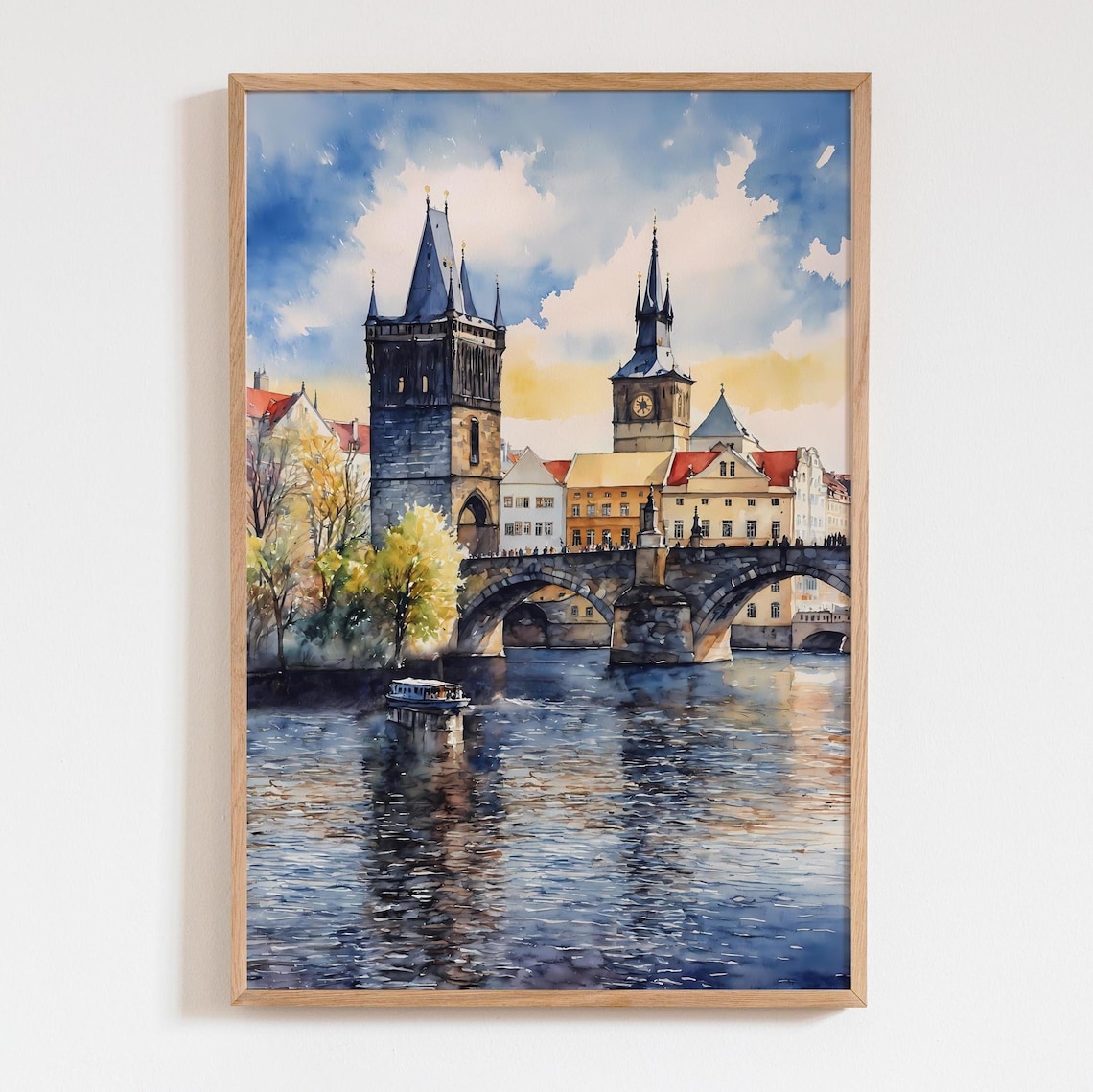 Prague Travel Poster, Watercolor Charles Bridge Art