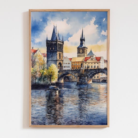 Prague Travel Poster, Watercolor Charles Bridge Art