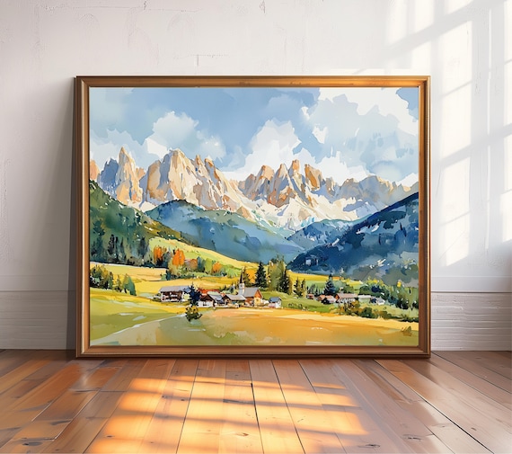 Dolomites Watercolor Art Print, Italian Alps Landscape