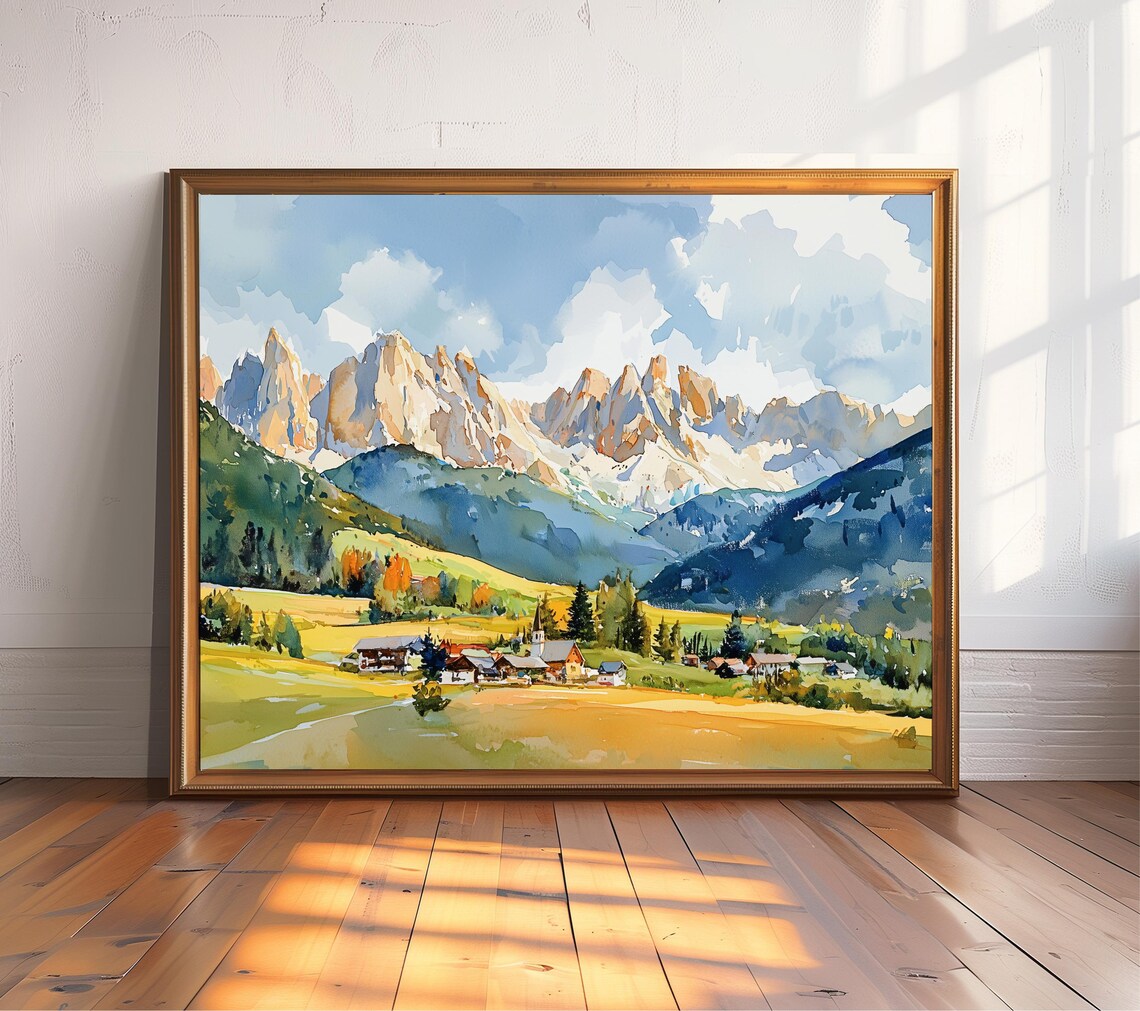Dolomites Watercolor Art Print, Italian Alps Landscape
