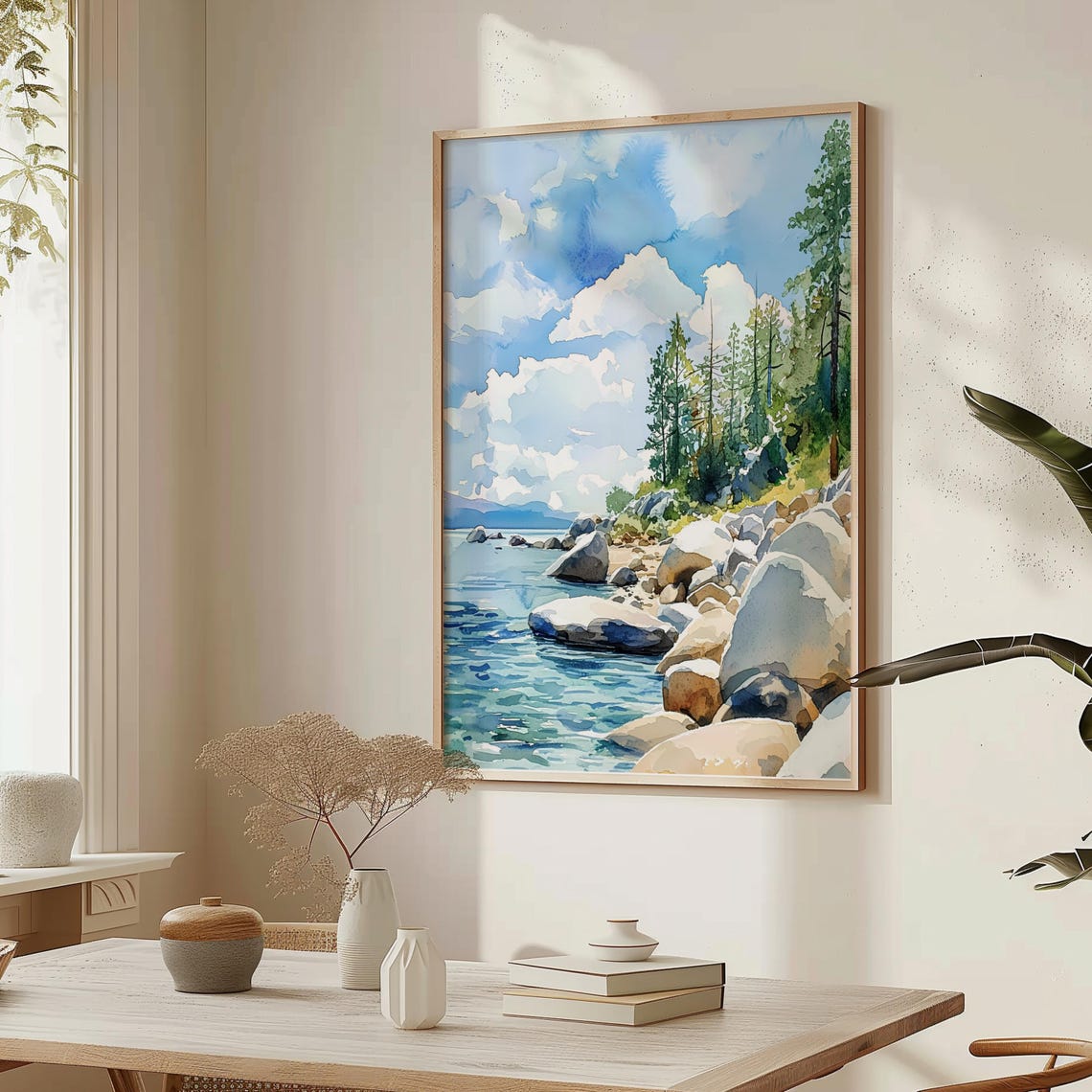 Lake Tahoe Watercolor Rocky Shoreline Pine Trees Summer Lake Poster