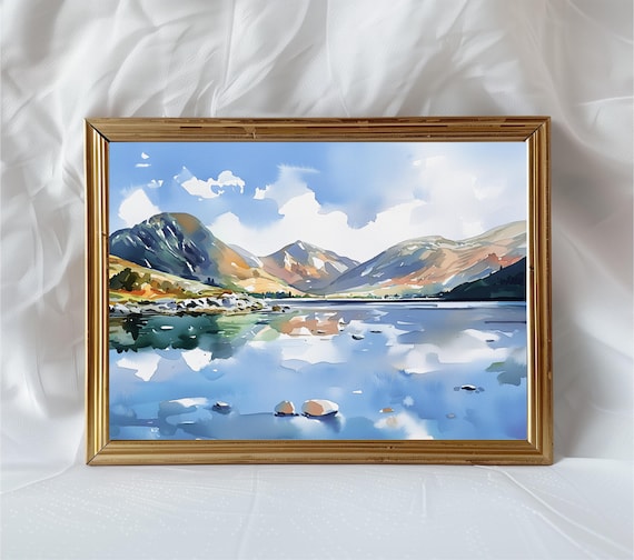 Lake District Watercolor Mountain Lake Reflection Nature Poster