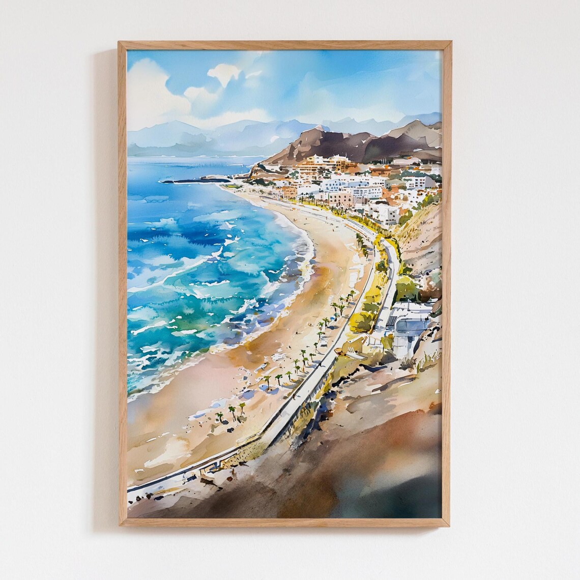 Tenerife Watercolor Print Golden Sand Beach Art Coastal City Wall Decor Surfer Town Bright Blue Sea Landscape Painting Spain Poster