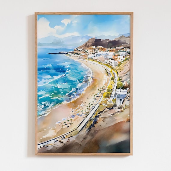 Tenerife Golden Sand Beach Watercolor Print Coastal Paradise Art