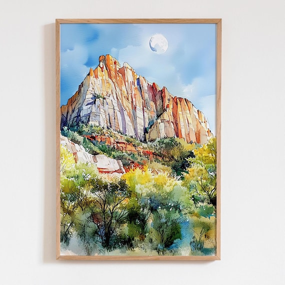 Zion National Park Red Cliffs Watercolor Utah Landscape Art Poster