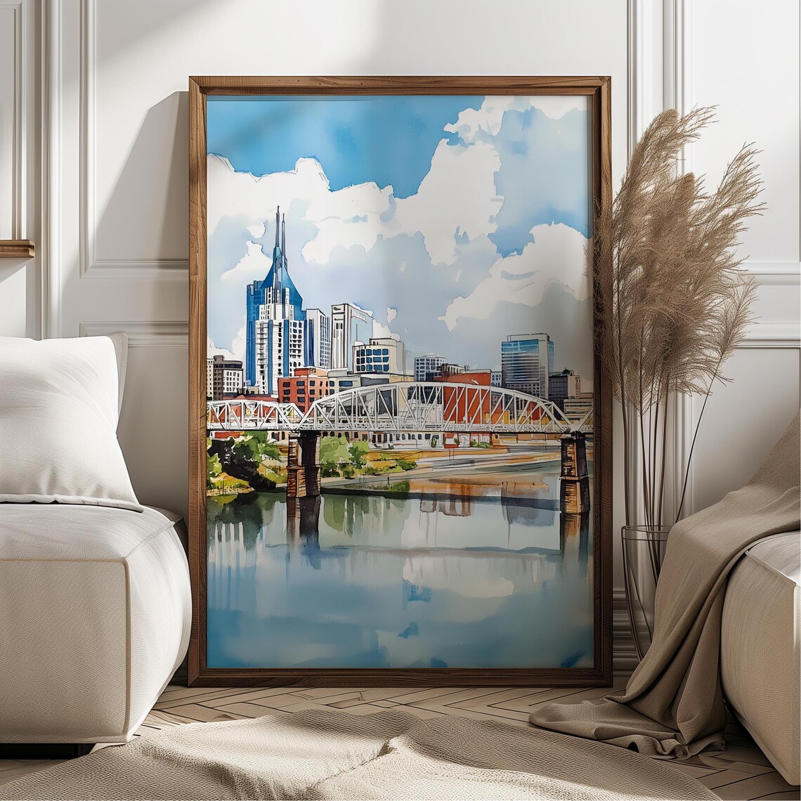 Nashville Skyline Watercolor Bridge River Cityscape Blue Sky Tennessee Poster