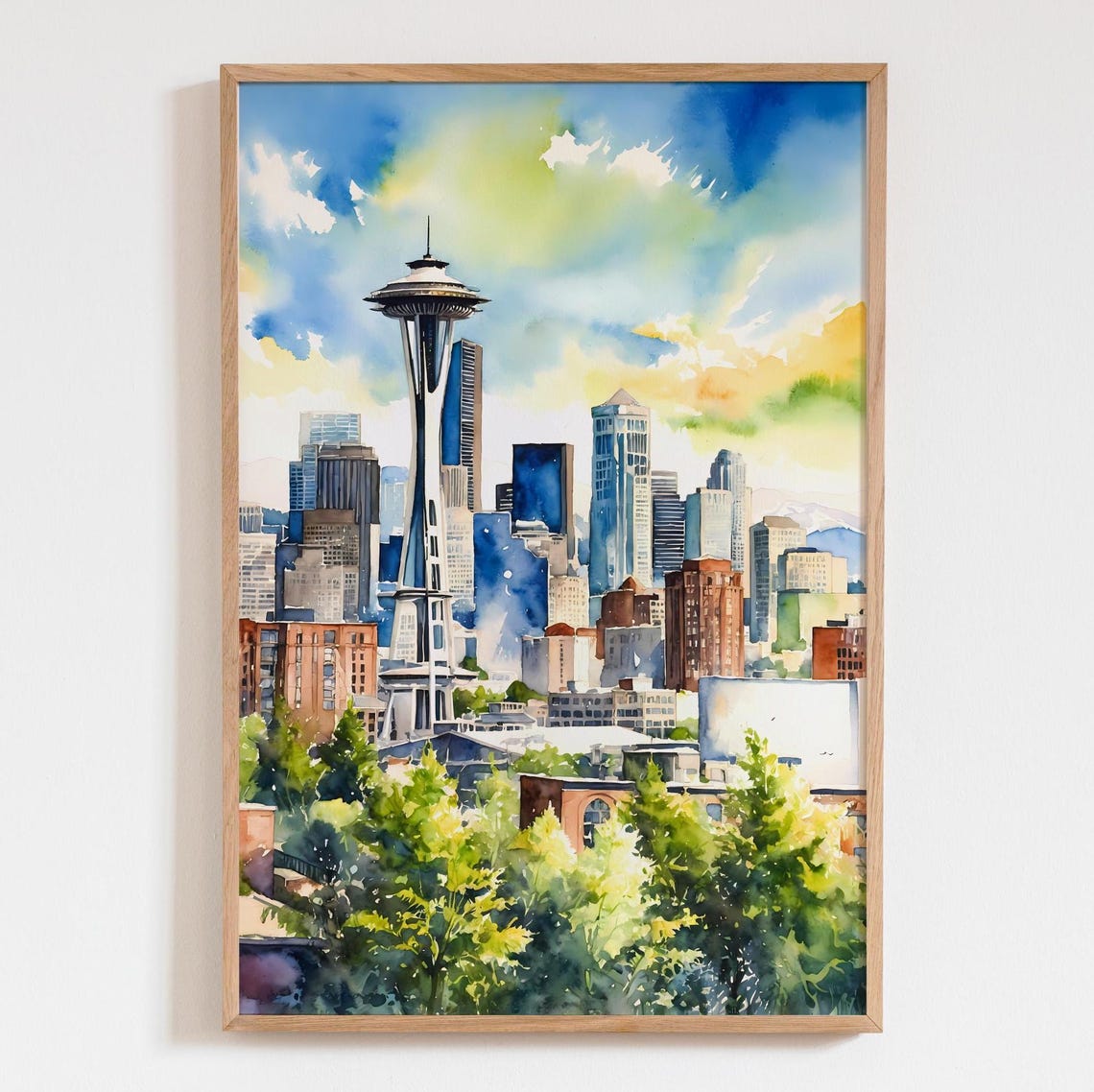 Seattle Space Needle Downtown Skyline Watercolor City Poster