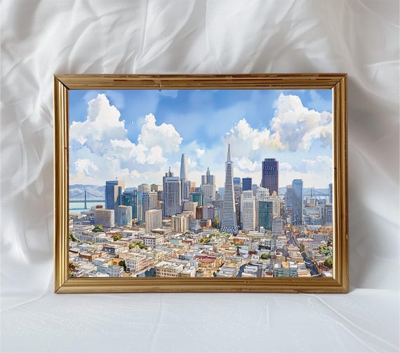 San Francisco Skyline Watercolor Print Cityscape Wall Art Aerial Urban Illustration Modern Pastel Architecture Decor