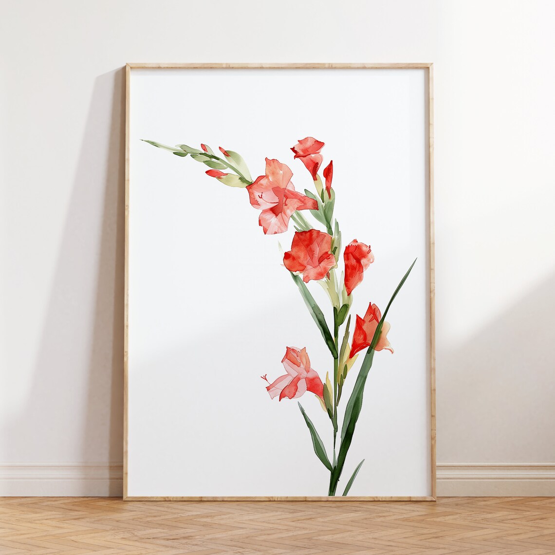 Red Gladioli Watercolor Stems Minimalist Botanical Art Poster