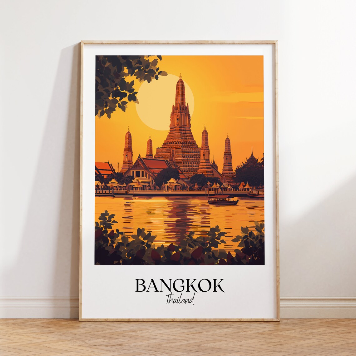 Bangkok Thailand Temple Sunset Riverside Vintage Style Travel Poster
