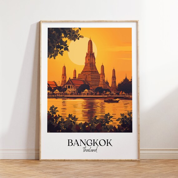 Bangkok Thailand Temple Sunset Riverside Vintage Style Travel Poster