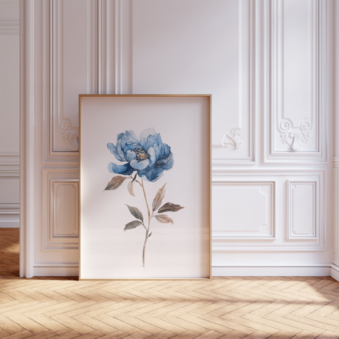 Blue Peony Bloom Watercolor Floral Botanical Elegant Art Poster - Image 2