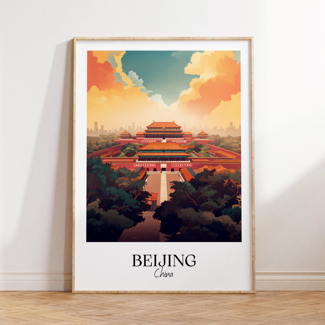 Beijing China Forbidden City Golden Roofs Sunset Travel Poster