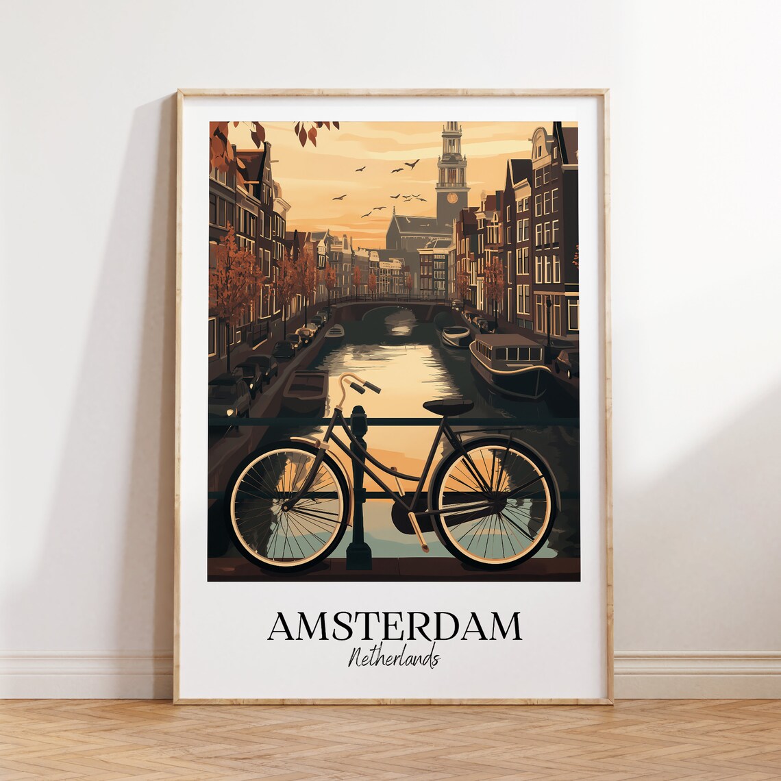 Amsterdam Netherlands Canal Sunset Bicycle Golden Hour Travel Poster