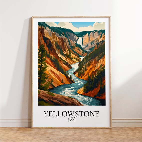 Yellowstone National Park USA Travel Poster Canyon River Falls View