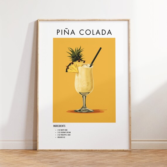 Pina Colada Cocktail Recipe Tropical Mustard Bar Kitchen Art Poster