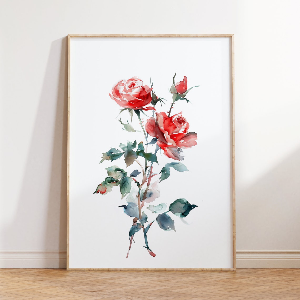 Red Rose Watercolor Stem Minimalist Romantic Beautiful Flower Poster