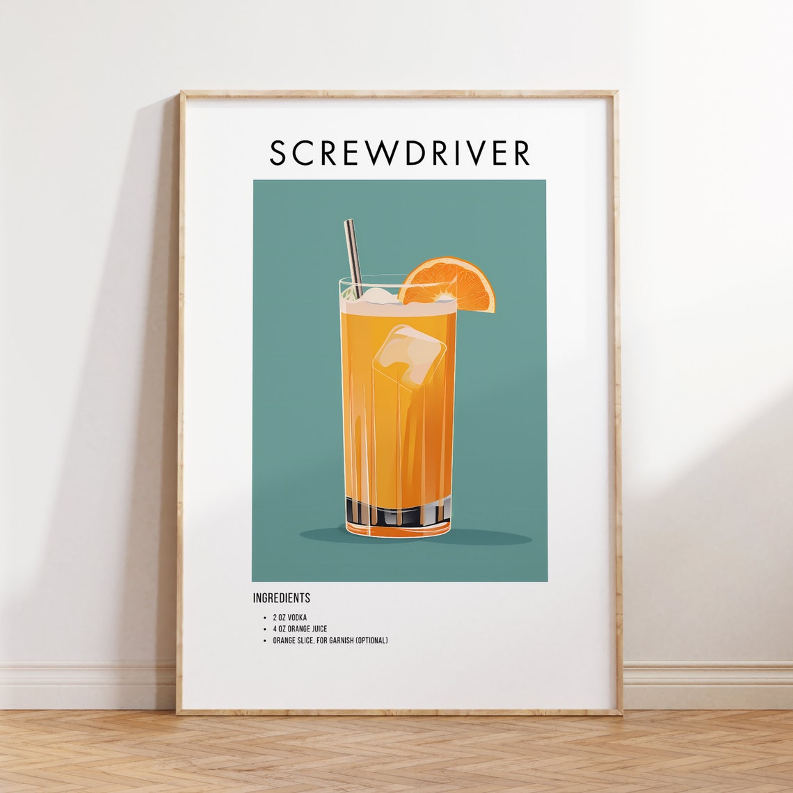 Screwdriver Cocktail Recipe Teal Minimalist Bar Kitchen Art Poster