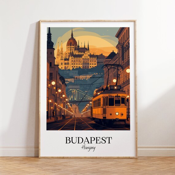 Budapest Hungary Parliament Tram Dusk Vintage Style Travel Poster