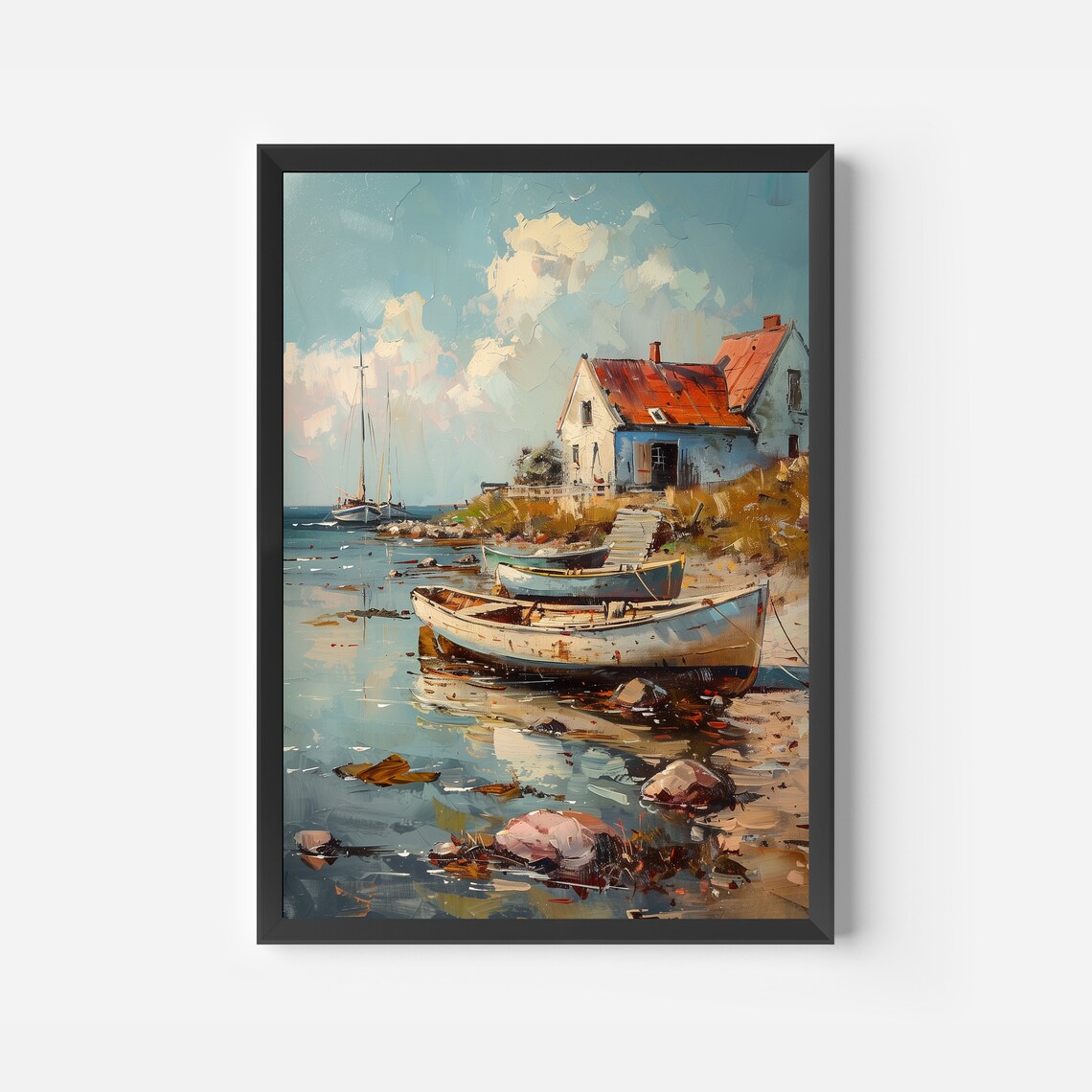 Coastal House Red Roof Oil Painting Beached Rowboats Seaside Poster - Image 2