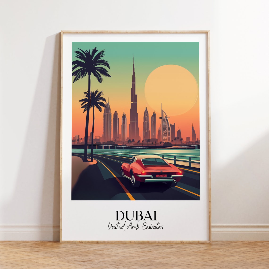 Dubai United Arab Emirates Burj Khalifa Skyline Sunset Travel Poster