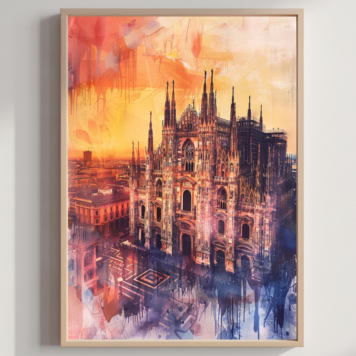 Milan Duomo Cathedral Golden Sunset Watercolor Italy Travel Poster