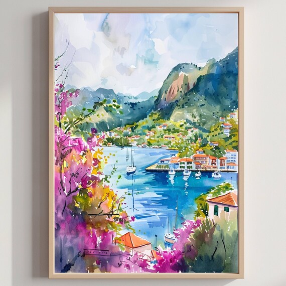 Mediterranean Coastal Harbor Bougainvillea Sailboats Watercolor Poster