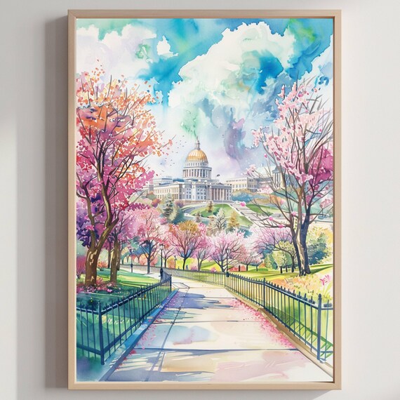 Golden Dome Capitol Spring Cherry Blossom Watercolor City Poster