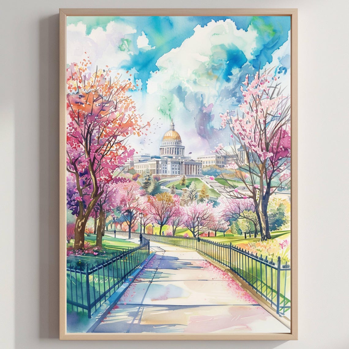 Golden Dome Capitol Spring Cherry Blossom Watercolor City Poster