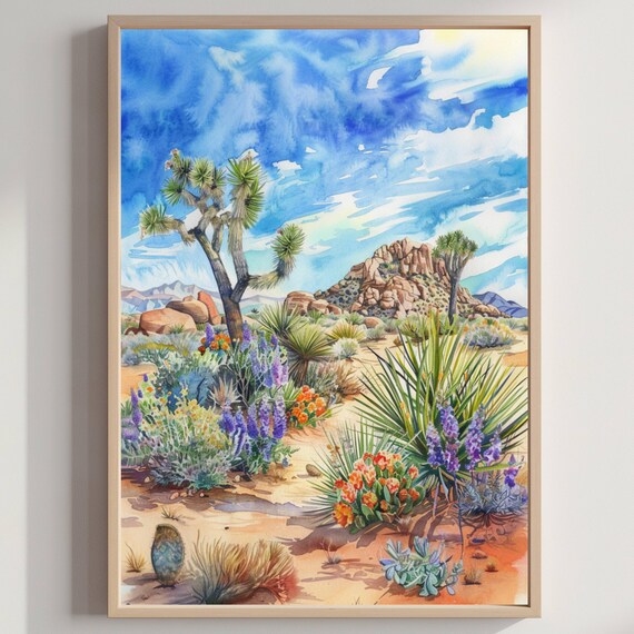 Joshua Tree Desert Spring Bloom Cactus Wildflower Watercolor Art Poster