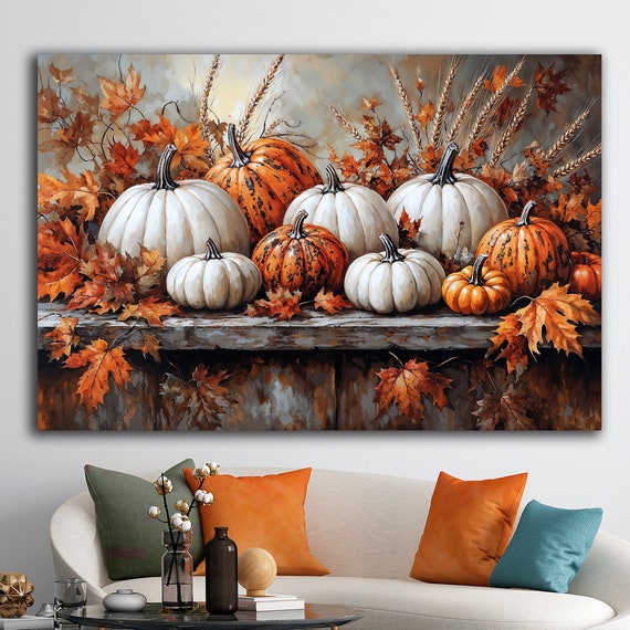Orange And White Pumpkins Canvas Wall Art Rustic Halloween Decor Autumn Harvest Painting Print Natural Beauty Poster Ready To Hang